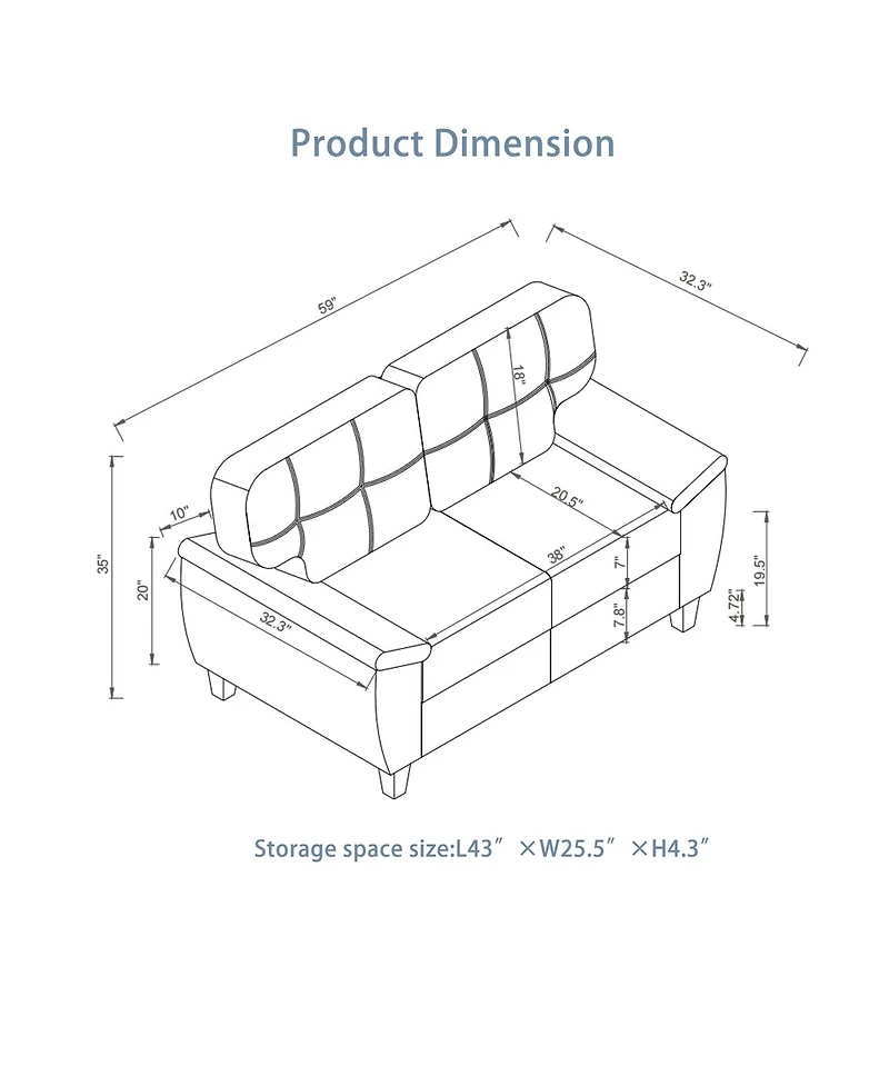 Streamdale Furniture 59" Modern Faux Leather Loveseat Couch with Storage and Big Armrests