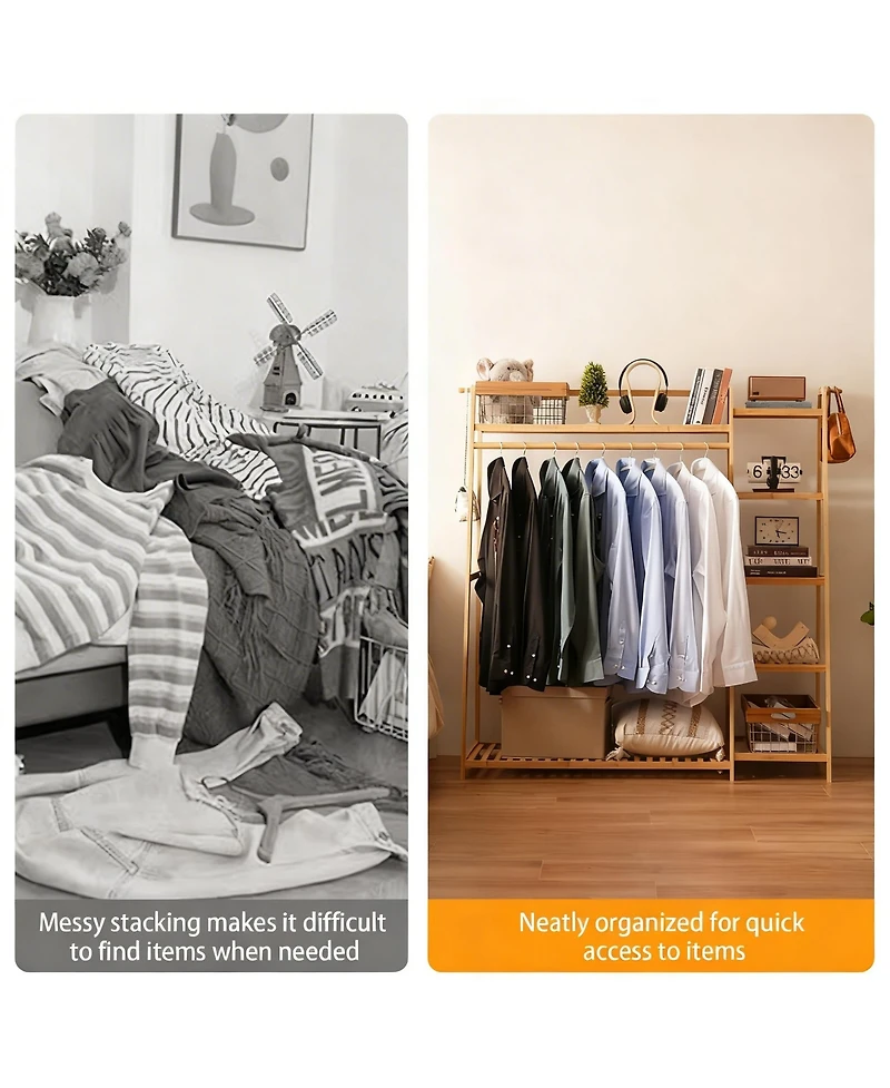 Yigii Bamboo Garment Rack with Hanging Rod and Hooks for Organized Storage