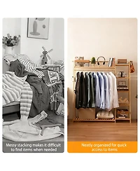Yigii Bamboo Garment Rack with Hanging Rod and Hooks for Organized Storage