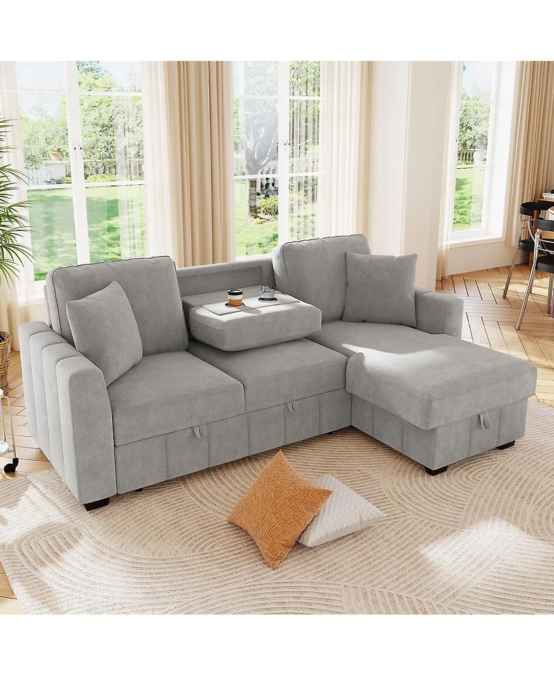 Streamdale Furniture 90" L-Shaped Sleeper Sofa w/ Storage Chaise & Cup Holders