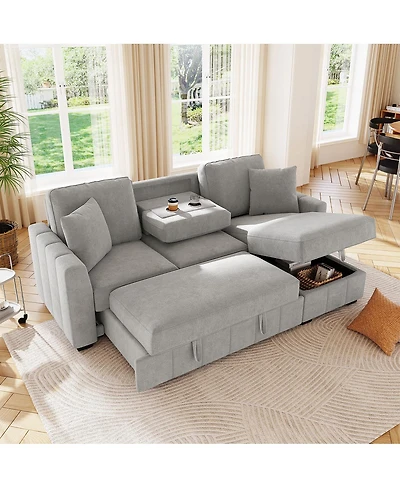 Streamdale Furniture 90" L-Shaped Sleeper Sofa w/ Storage Chaise & Cup Holders