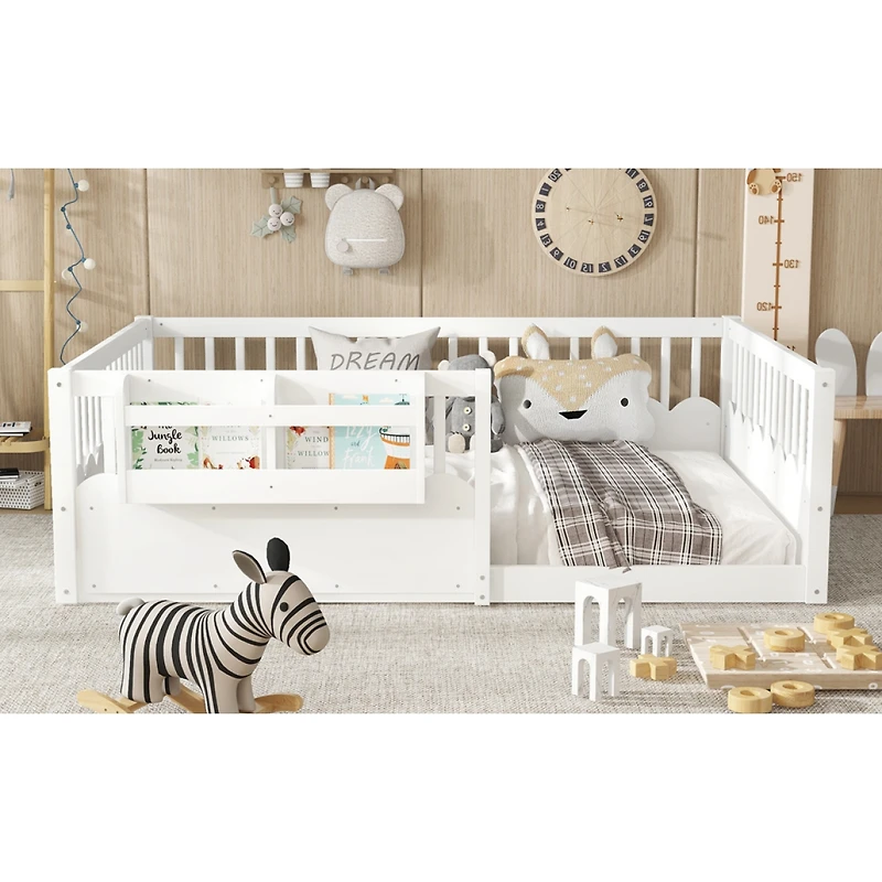 Streamdale Furniture Full Floor Bed with Fence and Bookshelf, Wood Kids Bed