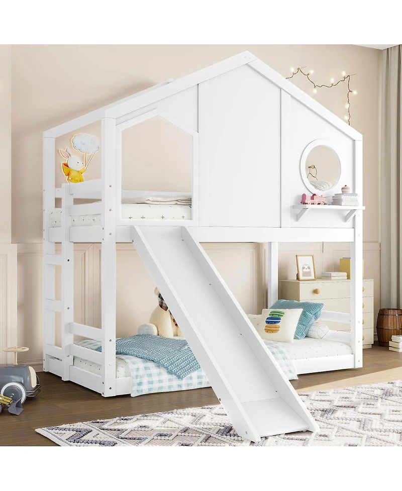 Streamdale Furniture Twin House Bunk Bed with Slide & Storage Shelves, Solid Wood Loft Bed