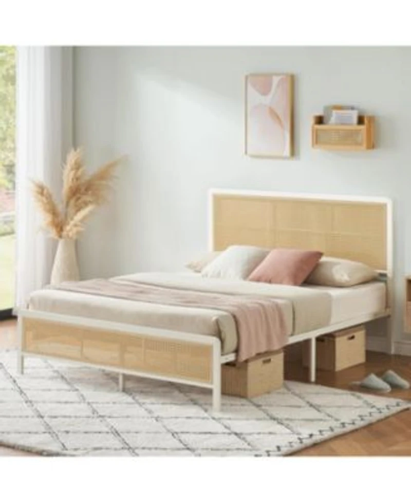 Gaomon Queen Size Rattan Bed Frame With Headboard Modern Boho Cane Design Sturdy Steel Slat Support No Box Spring Needed.