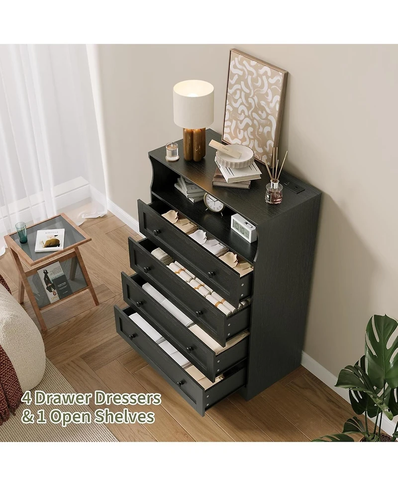 gaomon Tall Dresser for Bedroom with Led Lights & Charging Station, 4 Drawer Wood Chest of Drawers for Closet, Living Room, Hallway