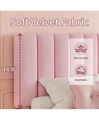 Bed Frame and Velvet Upholstered Headboard with Adjustable Vertical Channel Tufted Headboard