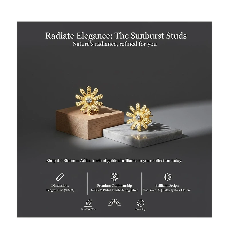 Genevive Dainty 14K Gold Plated Cubic Zirconia Flower Stud Earrings