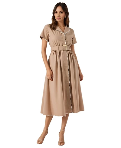 Modenaire Women's Solene Short Sleeve Collared Accent Belted Midi Dress