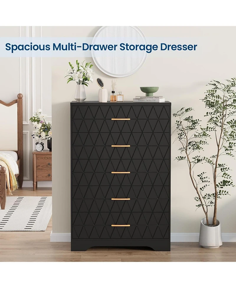 gaomon Tall Dresser for Bedroom with 5 Drawers, Wood Chest of Drawers Gold Handles, Modern Nightstand Bedside Closet, Wooden Storage Cabinet