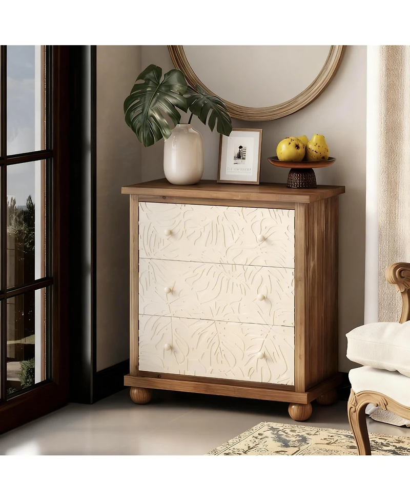 Yigii Rustic 3-Drawer Nightstand with Leaf Carvings
