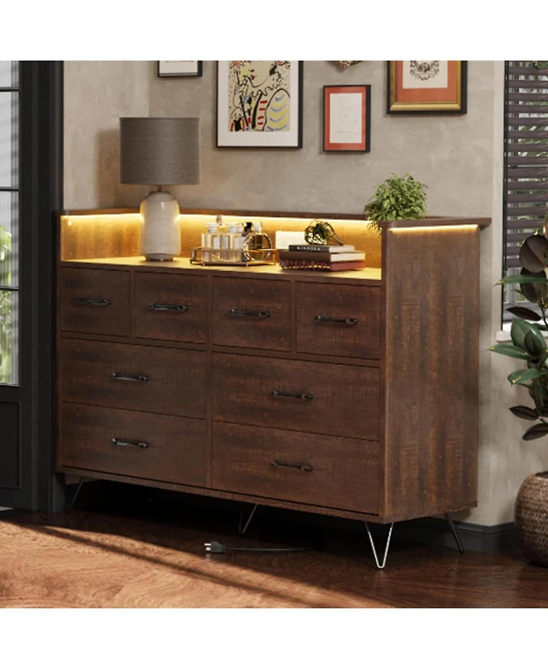 gaomon 8 Drawer Bedroom Dresser with Led Lights & Charging Station, Vintage Wide Chest