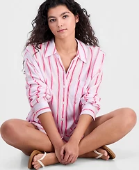 Miken Women's Striped Button-Front Swim Cover Up Shirt, Macy's Exclusive