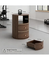 Yigii Mid-Century Walnut Fluted End Table with 2 Drawers & Open Shelf