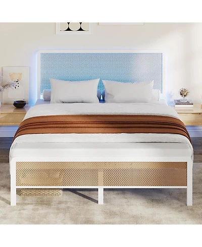 Gaomon Full Size Rattan Platform Bed Frame with Led Light Headboard, Modern Style Cane Boho Bed Frames with Sturdy Steel Slat Support