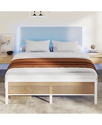Gaomon Full Size Rattan Platform Bed Frame with Led Light Headboard, Modern Style Cane Boho Bed Frames with Sturdy Steel Slat Support
