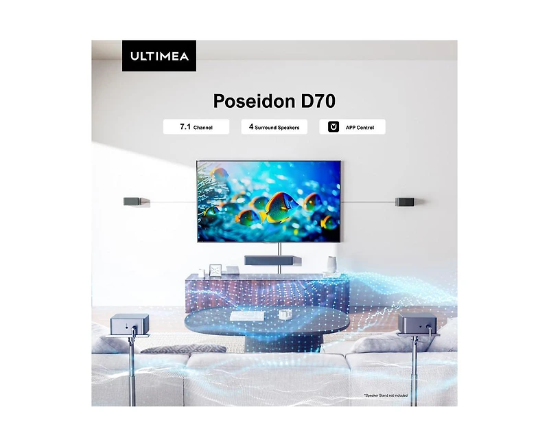 Ultimea 7.1ch Soundbar with Wireless Subwoofer, Surround Sound System for Tv, App Control, 410W Peak Power, 4 Wired Surround Speakers, Poseidon D70