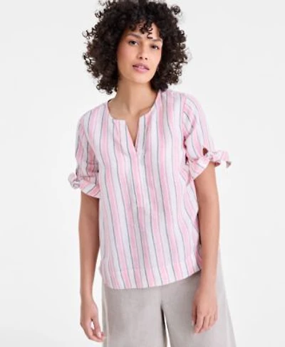 Charter Club Womens 100 Linen Split Neck Tie Cuff Top Created For Macys