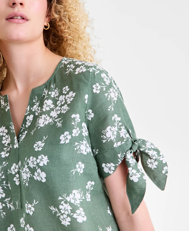 Charter Club Women's 100% Linen Split-Neck Tie-Cuff Top, Created for Macy's