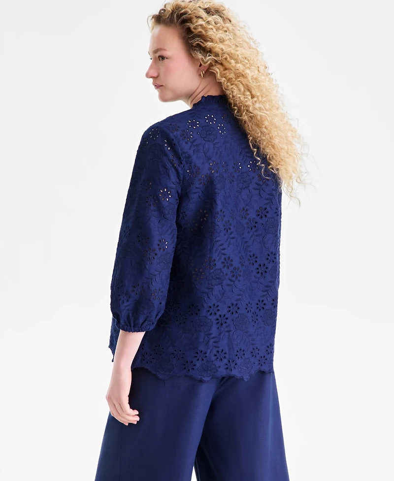 Charter Club Women's 100% Linen Eyelet-Embroidered Blouson-Sleeve Top, Macy's Exclusive