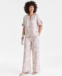 Charter Club Women's 100% Linen Woven Pleated Wide-Leg Pants, Created for Macy's