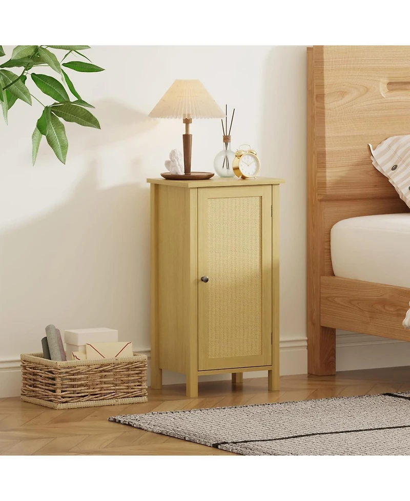gaomon Bamboo Floor Cabinet with Woven Rattan Door, 2-Tier Storage Cabinet for Bedroom, Living Room, Slim Design
