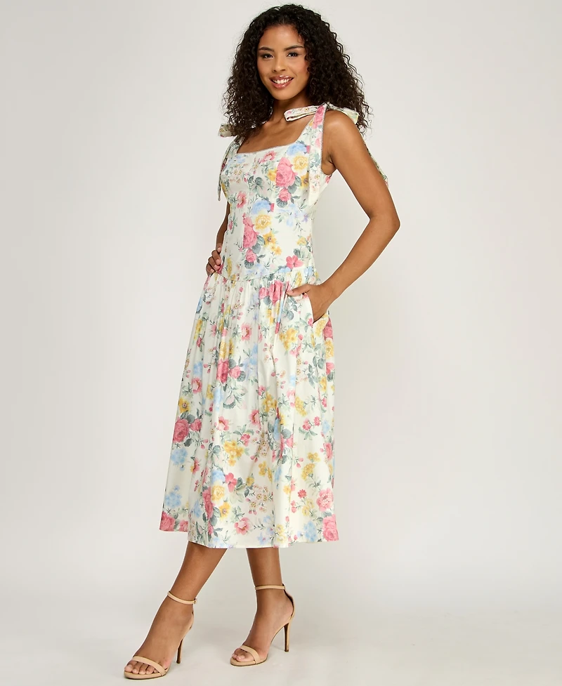 Alex & Sophia Women's Square Neck Printed Poplin Dress