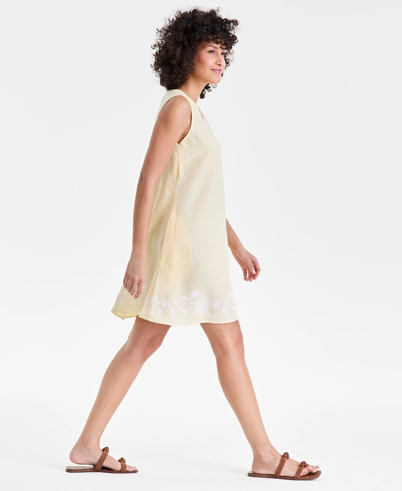 Charter Club Women's 100% Linen Embroidered-Hem Sleeveless Dress, Macy's Exclusive