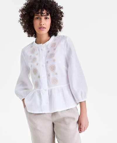 Charter Club Women's 100% Linen Embroidered-Front Peplum Top, Macy's Exclusive