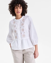 Charter Club Women's 100% Linen Embroidered-Front Peplum Top, Macy's Exclusive