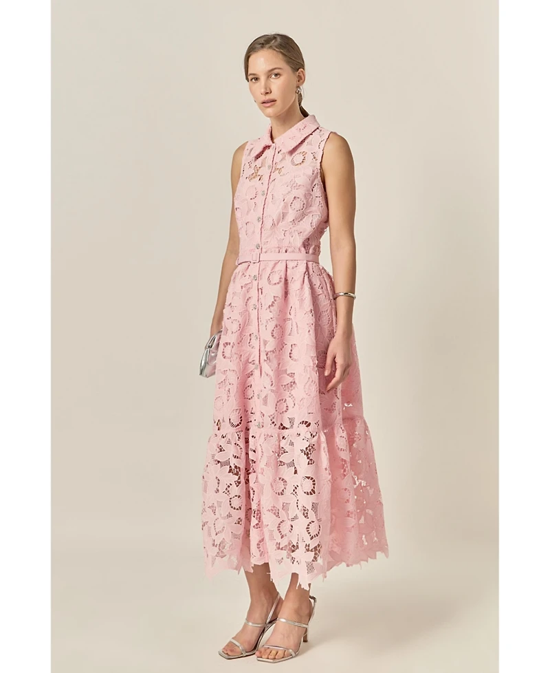 English Factory Women's Sleeveless Lace Button Front Midi Dress