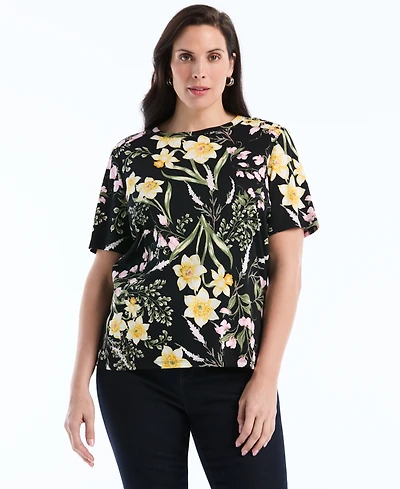 Rafaella Plus Garden Print Button Detail Short-Sleeve Top