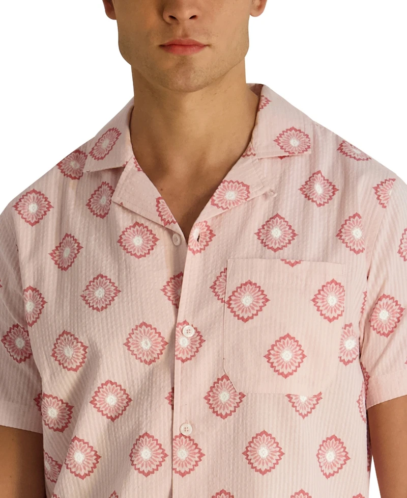 Karl Lagerfeld Paris Men's Seersucker Geometric Printed Short-Sleeve Shirt