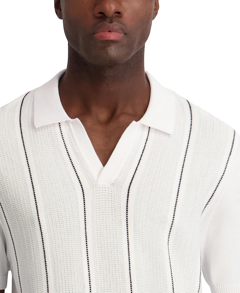 Karl Lagerfeld Paris Men's Vertical Stripe Textured Johnny Collar Polo Shirt