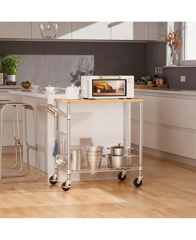 Yigii Kitchen Cart with Wood Top, 8 Hooks, Adjustable Shelves, & 4 Lockable Wheels