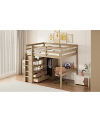 Streamdale Furniture Wood Full Loft Bed w/ Wardrobe, Desk, Storage & Drawers, Walnut