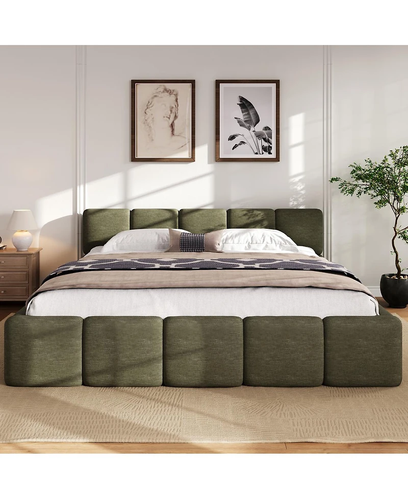 Streamdale Furniture 87 inches King Size Platform Bed, Thick Linen Headboard/Footboard