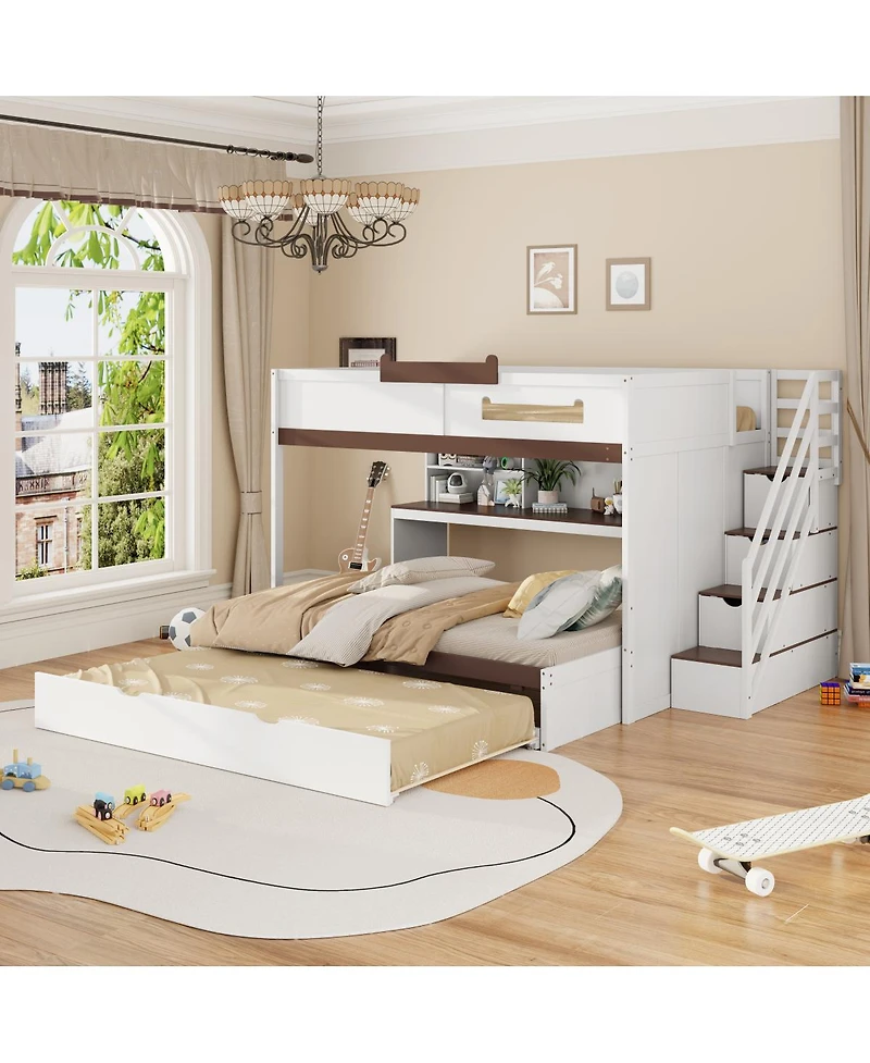 Streamdale Furniture Full Over Full Bunk Bed with Twin Size Trundle and Staircase, Shelves, Led
