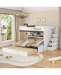 Streamdale Furniture Full Over Full Bunk Bed with Twin Size Trundle and Staircase, Shelves, Led