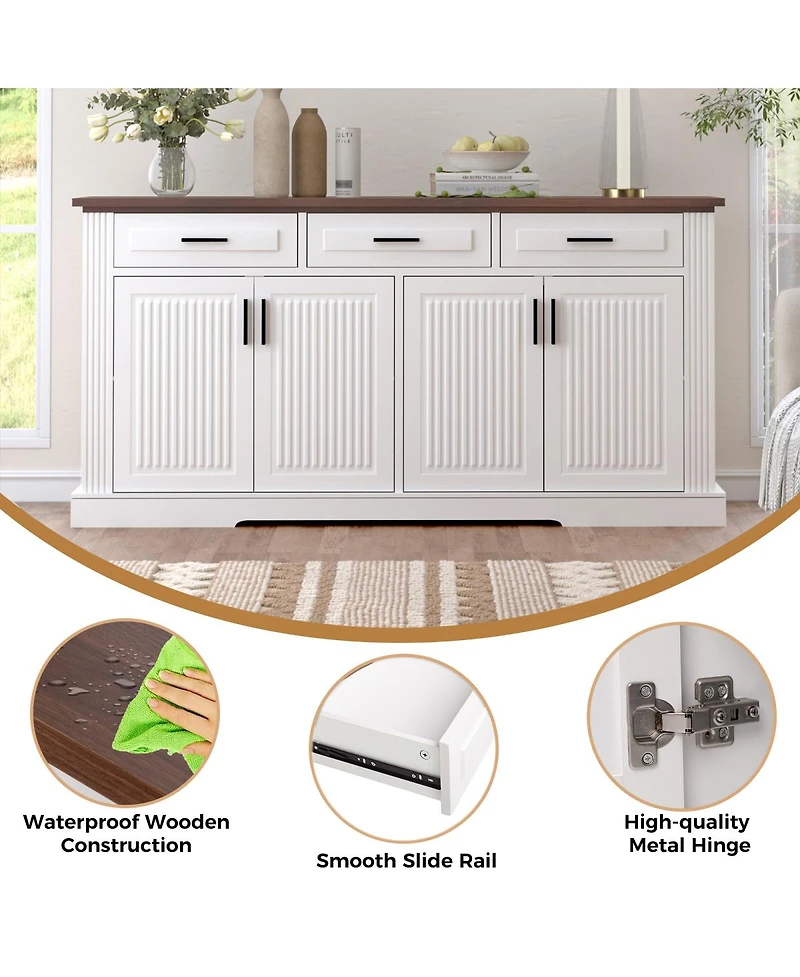Streamdale Furniture 63" Fluted Sideboard Buffet Cabinet with 4 Doors & 3 Drawers