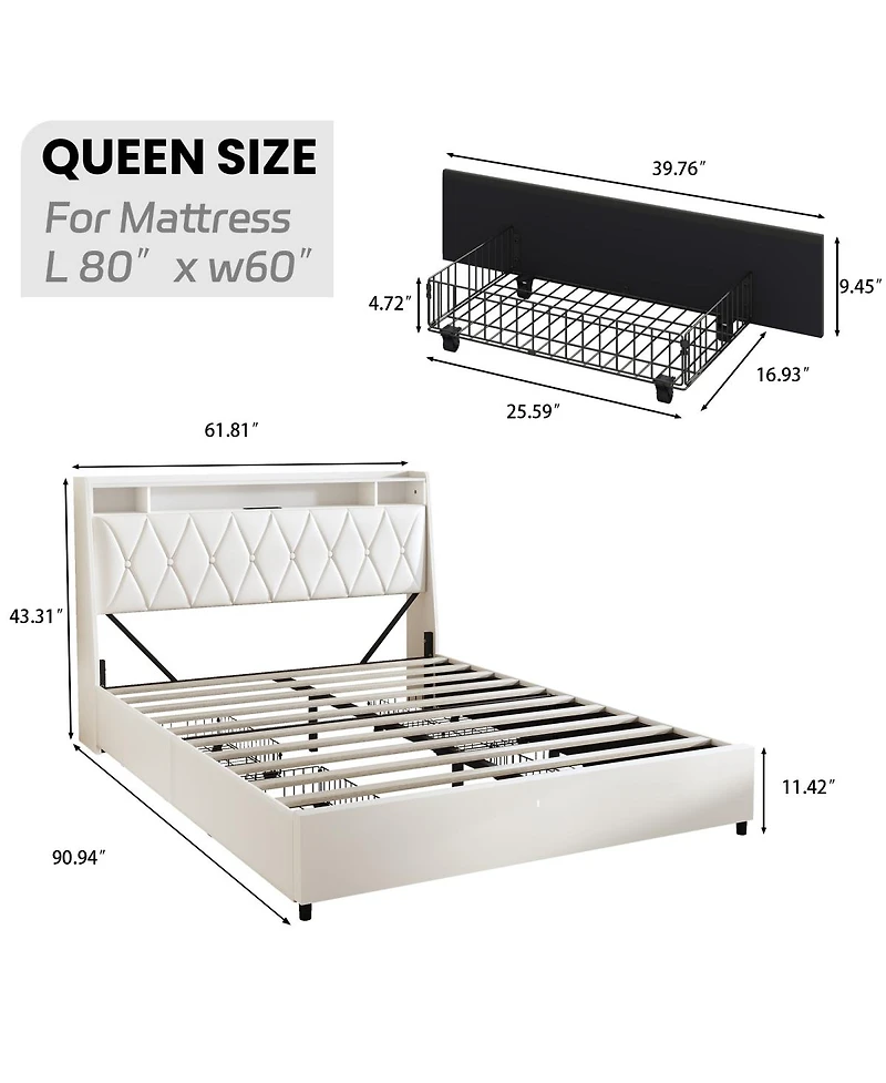 Streamdale Furniture Queen Bed Frame with Ergonomic Headboard, Outlets, Led Light & Storage Shelf