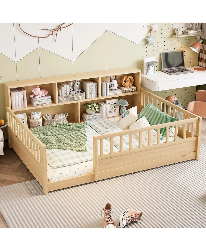 Streamdale Furniture Wooden floor bed with fence guardrail & side storage.