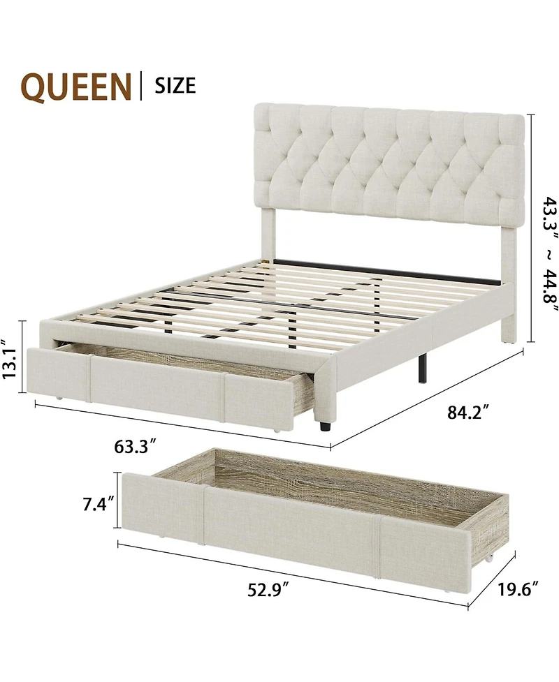 gaomon Bed Frame, Upholstered Platform Frame with Storage Drawers, Mattress Foundation Solid Wooden Slats Support,