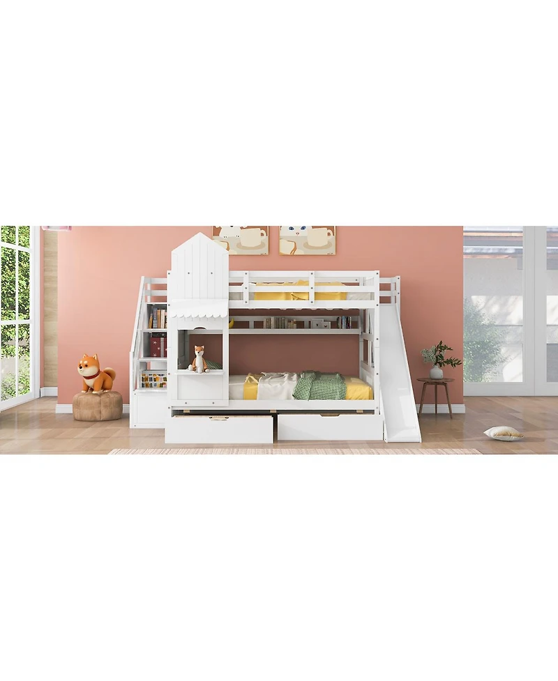 Streamdale Furniture Full-Over-Full Castle Bunk Bed w/ Drawers, Shelves & Slide - White