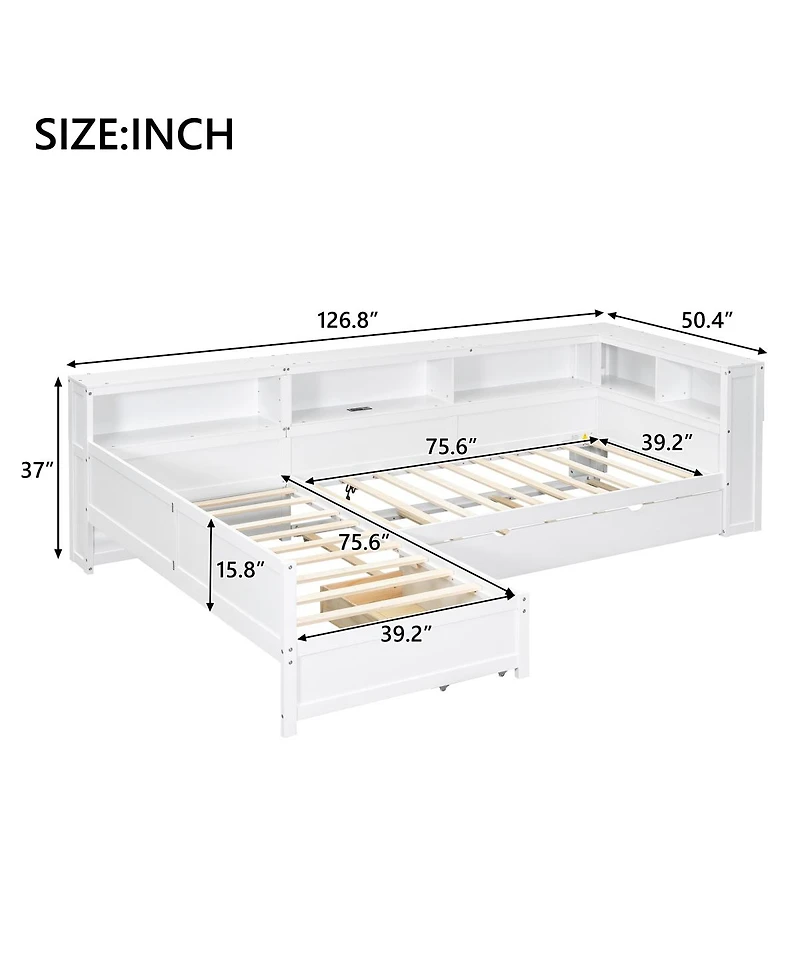 Streamdale Furniture Wood Twin L-shaped Platform Bed with Trundle & Drawer