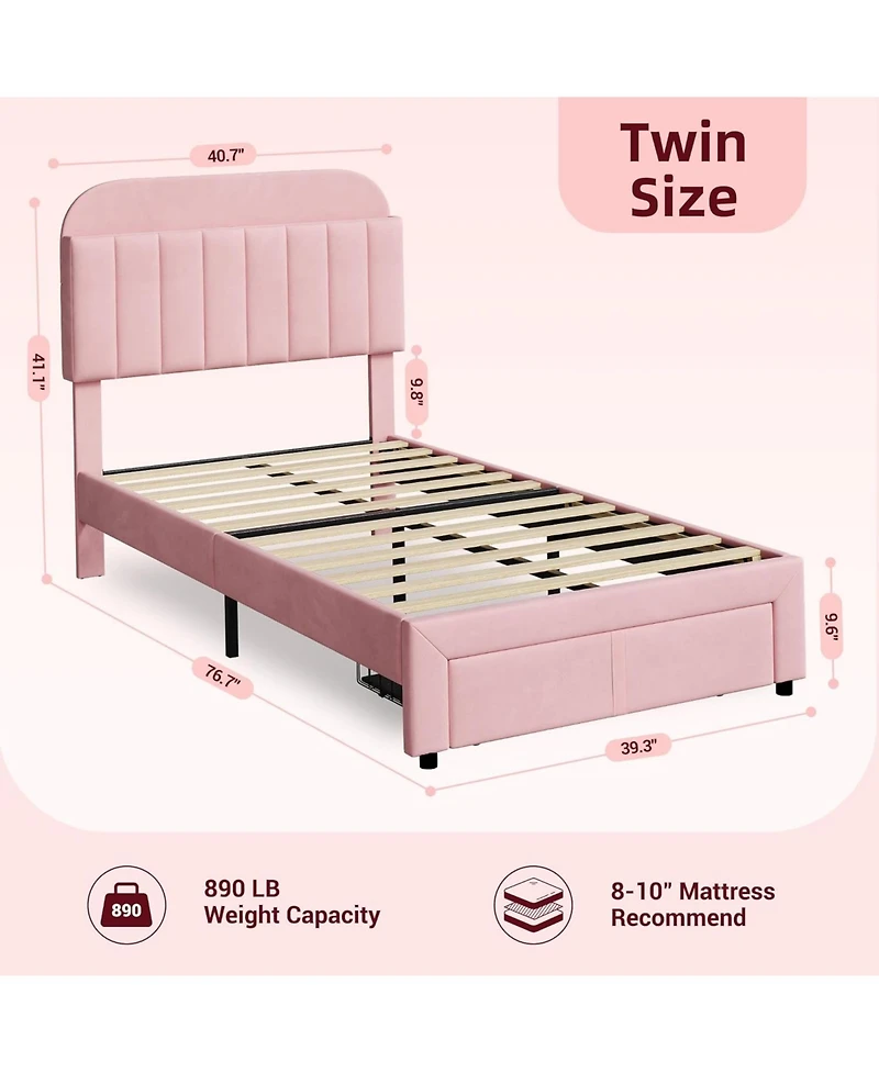 gaomon Twin Bed Frame with Storage Headboard, Velvet Upholstered Platform Bedframe for Kids, Girl Bed, Strong Wooden Slats, Noise-Free, Easy Assembly