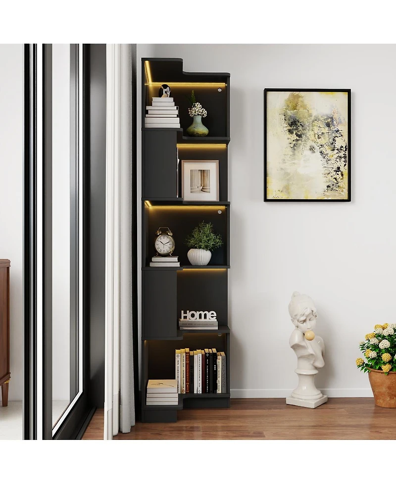 Streamdale Furniture Corner Book Shelf - 5 Tier L Shaped Display Shelf Stand with Led Lights
