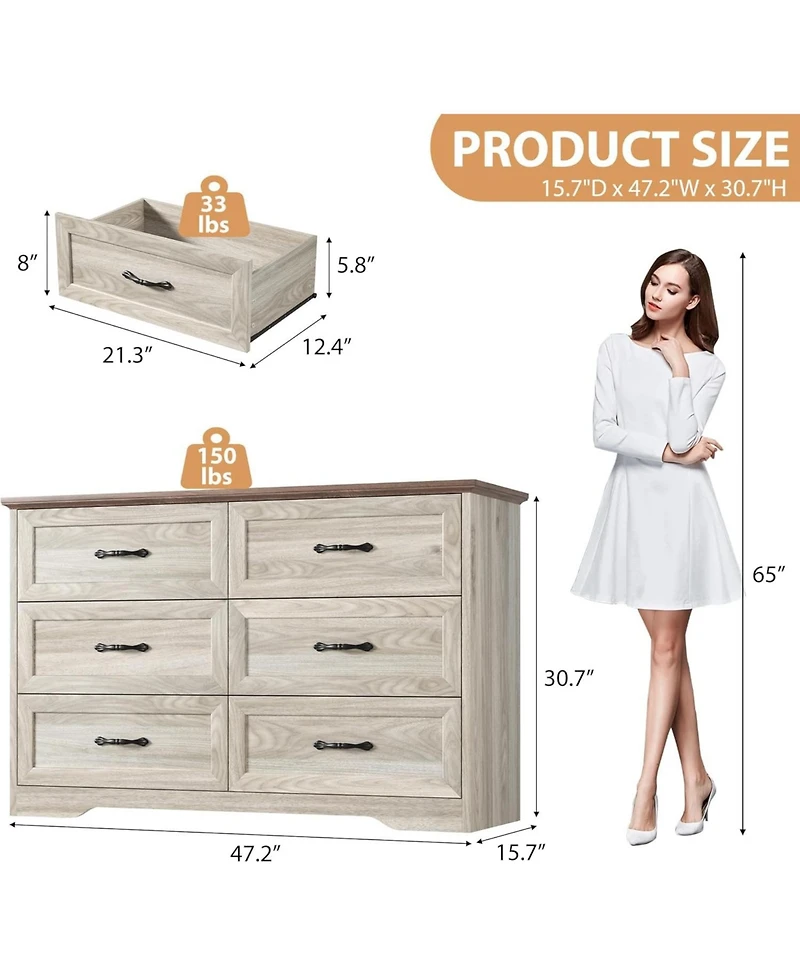 Gaomon 6-Drawer Dresser, Farmhouse Wooden Storage Chest with Wide Handles for Bedroom