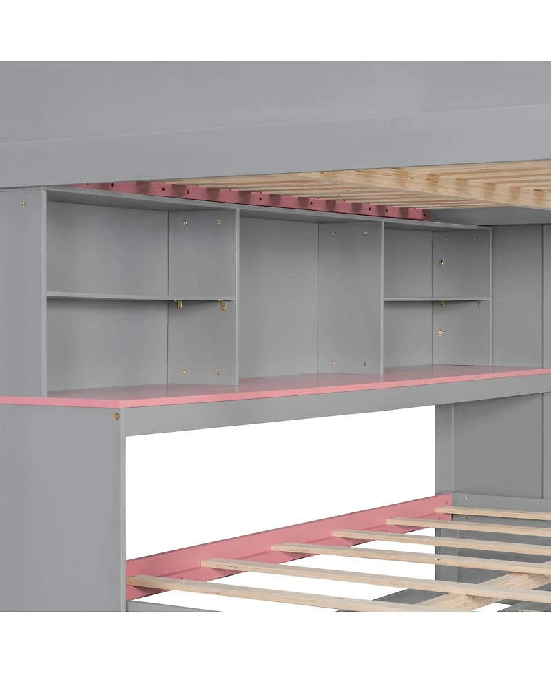 Streamdale Furniture Full Over Full Bunk Bed with Twin Size Trundle and Staircase, Shelves