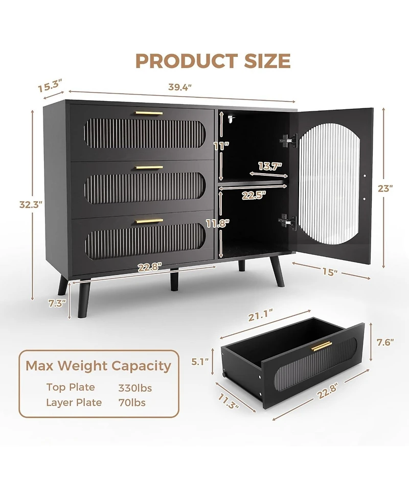 gaomon Buffet Cabinet with Storage, Sideboard Cabinet with Fluted Glass Door and Drawers, Sideboard for Kitchen, Dining Room, Living Room