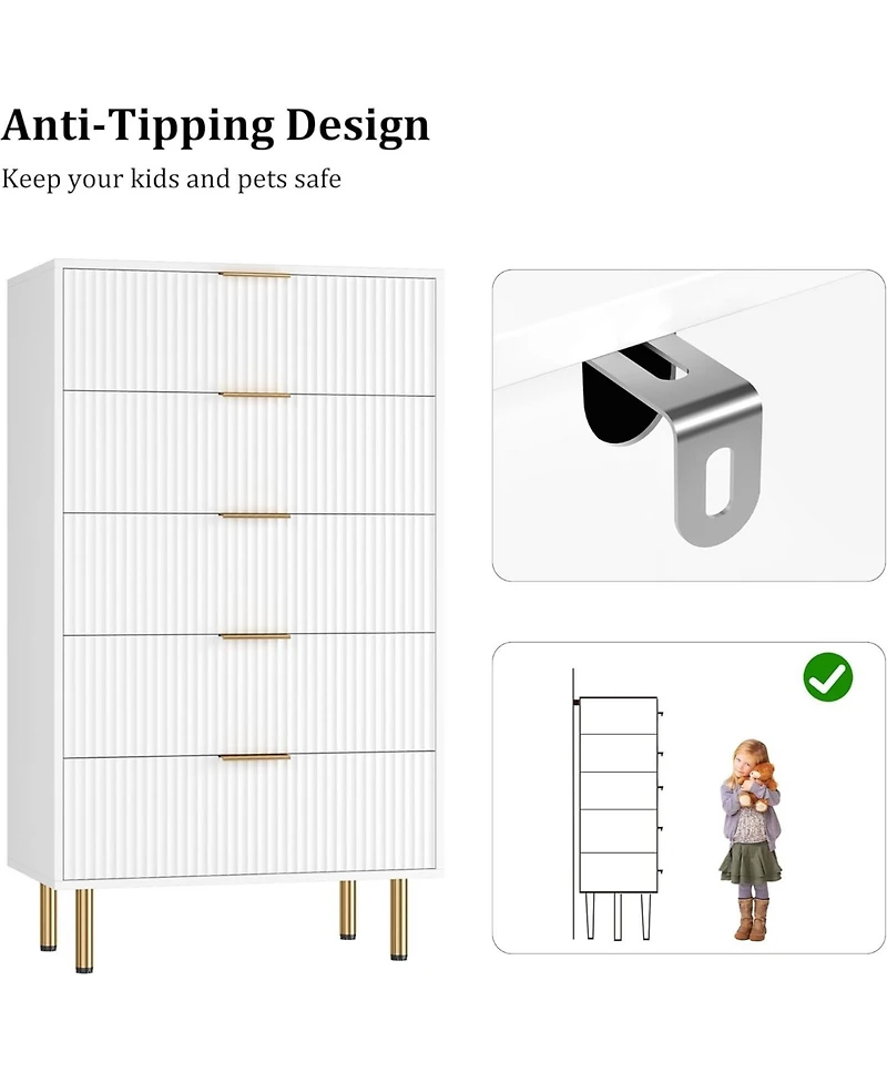 gaomon 5 Drawer Dresser,Fluted Dresser for Bedroom,47.9" Tall Dressers Chest of Drawers, Wood Tall Dressers with Metal Handle for Closet